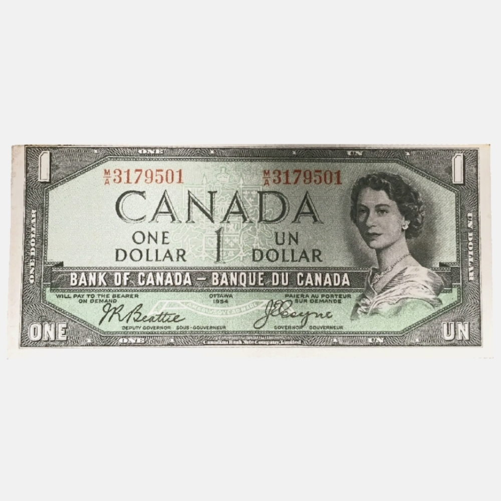 Incredibly rare 1954 Canadian 1 dollar note with Devils head. Circulated fair c.